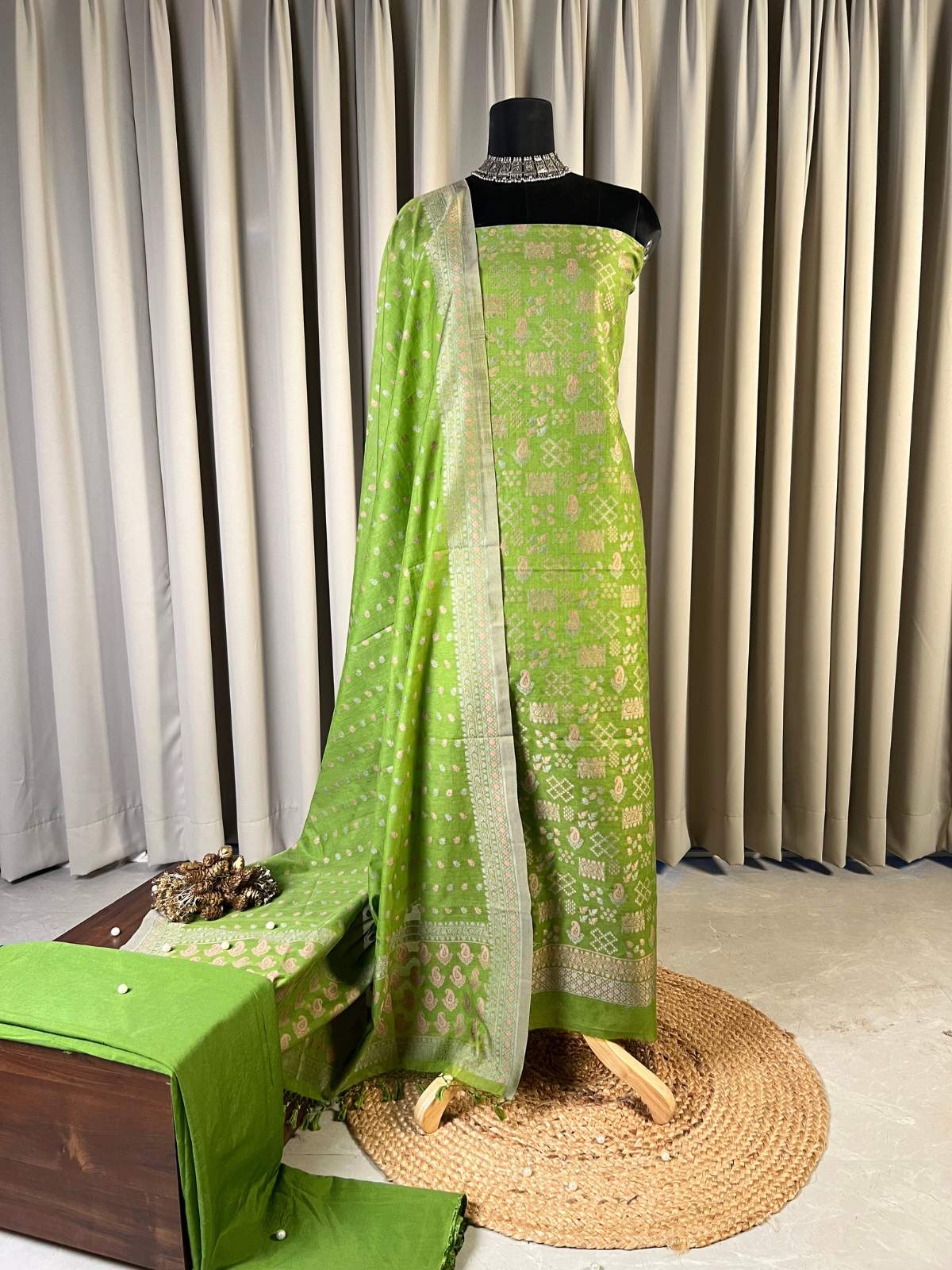Green Cotton Silk Suit with Geometric floral zari full view