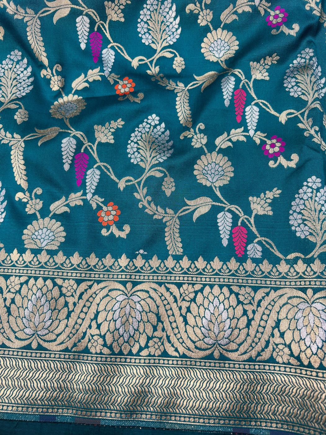  Deep Teal Blue Katan Silk Saree Closeup View 02