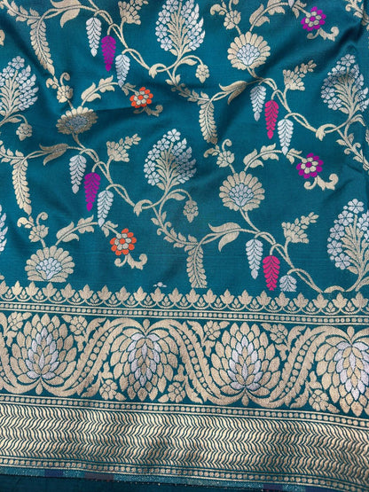  Deep Teal Blue Katan Silk Saree Closeup View 02