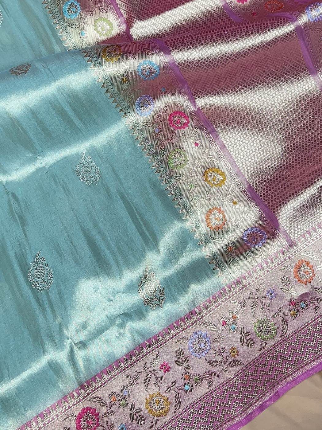 Aqua Blue Katan Silk Saree with floral closeup view 02