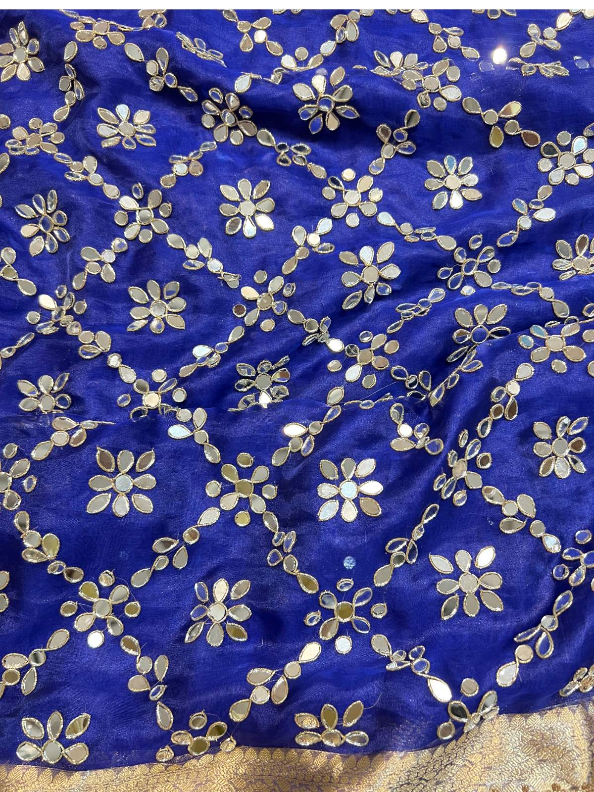 Royal Blue Tissue Silk Saree Aaina With Hand Embroidery Closeup View