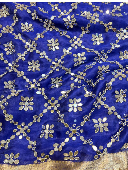 Royal Blue Tissue Silk Saree Aaina With Hand Embroidery Closeup View