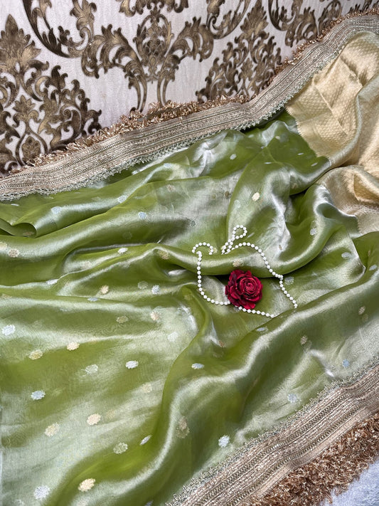 Pista Green Pure Banarasi Tissue Silk Saree with Zari Buti
