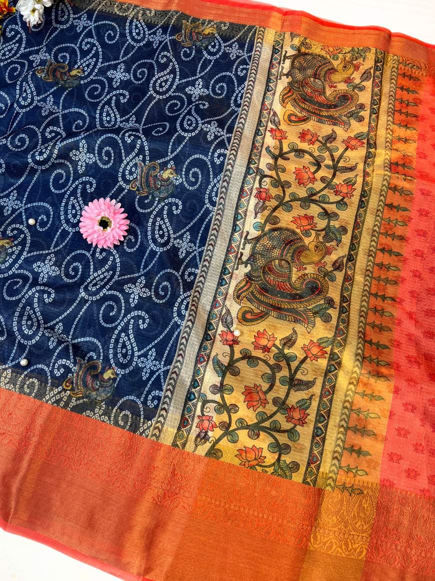 Navy Blue Manipuri Kota Silk Saree Border View-Mantavya Banaras