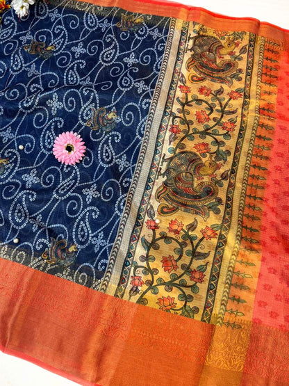 Navy Blue Manipuri Kota Silk Saree Border View-Mantavya Banaras