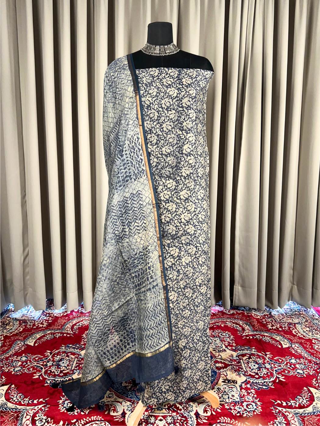 Navy Blue Mul Chanderi Suit with floral and abstract hand block full view