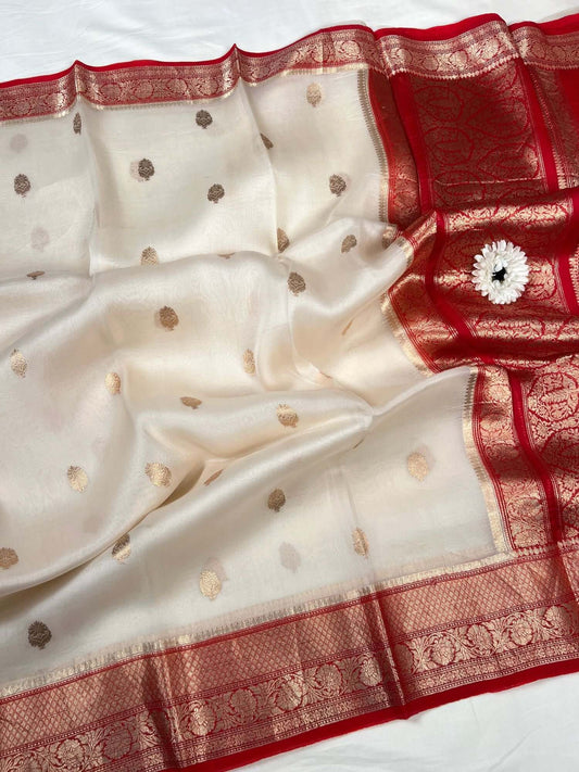  Ivory White Kora Silk Saree Full View