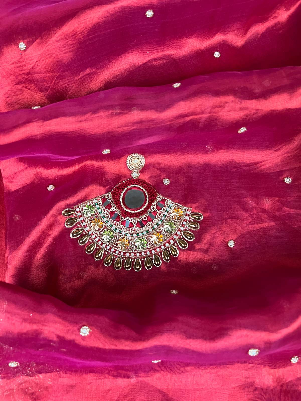 Royal Red Tissue Silk Saree Jhumka with Hand Embroidery Closeup View