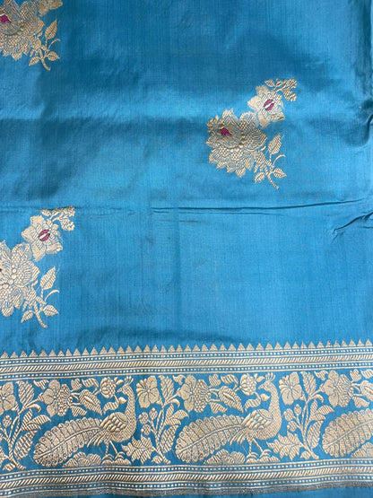 Sky Blue Katan Silk Saree with floral closeup view