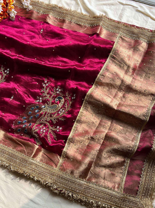 Wine pink Banarasi Tissue silk saree Morni  with elegant peacock Full View