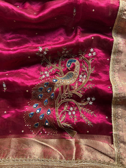 Wine pink Banarasi Tissue silk saree Morni  with elegant peacock Closeup View