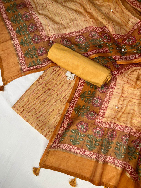 Mustard Yellow Mul Chanderi Suit with floral and abstract hand block front view
