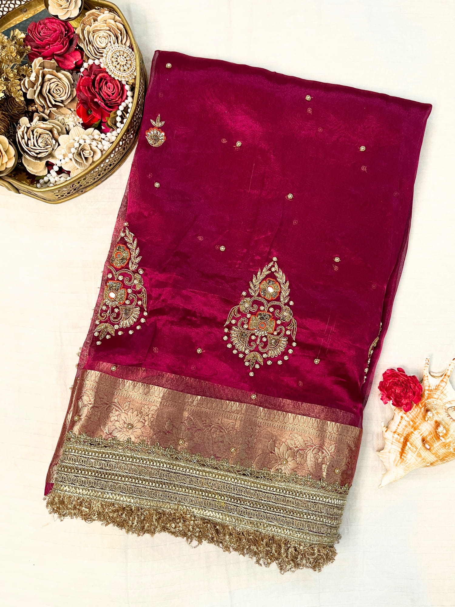 Beautiful Pink Banarasi tissue silk saree with hand embroidery and woven buta