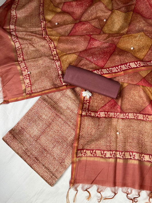  Rust Red Mul Chanderi Suit with floral and abstract hand block front view