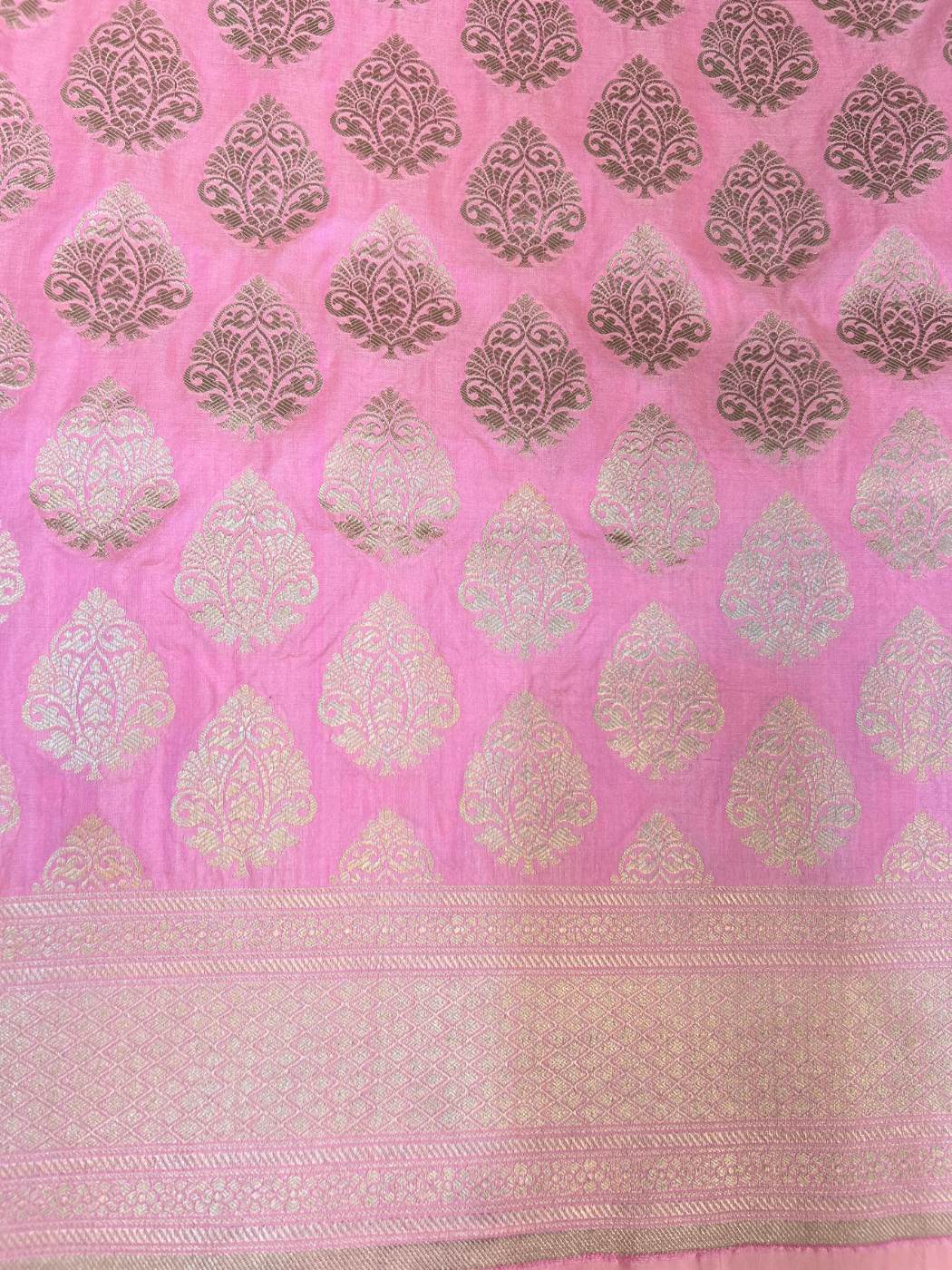 Baby Pink Katan Silk Saree with buta closeup view