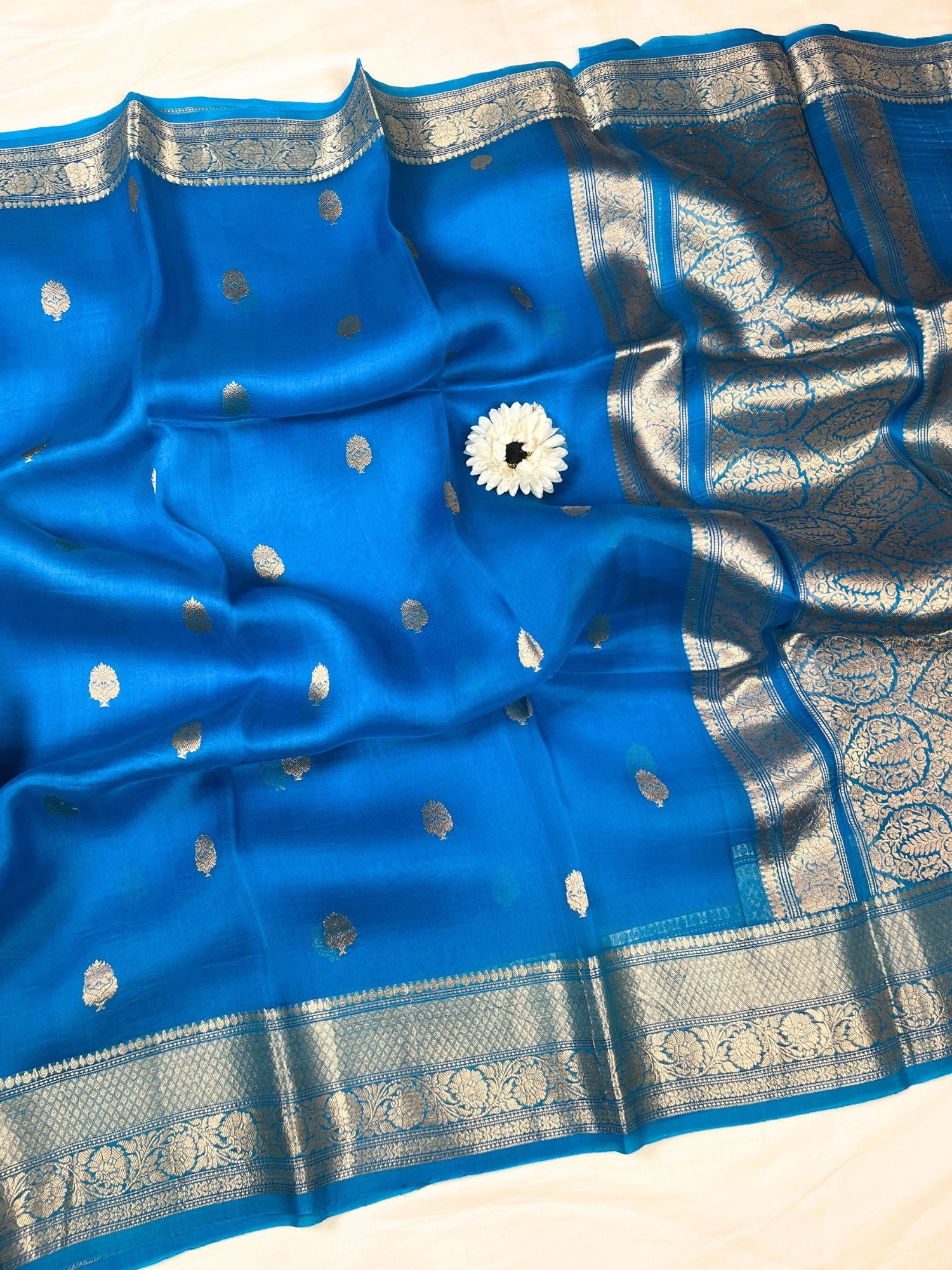  Royal Blue Kora Silk Saree Full view