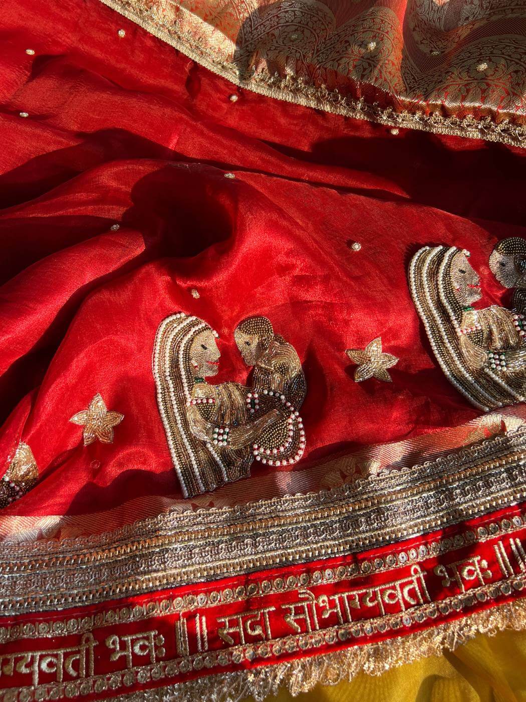 Red Baby Tissue Silk Saree Baby Shower with Hand Embroidered closeup view