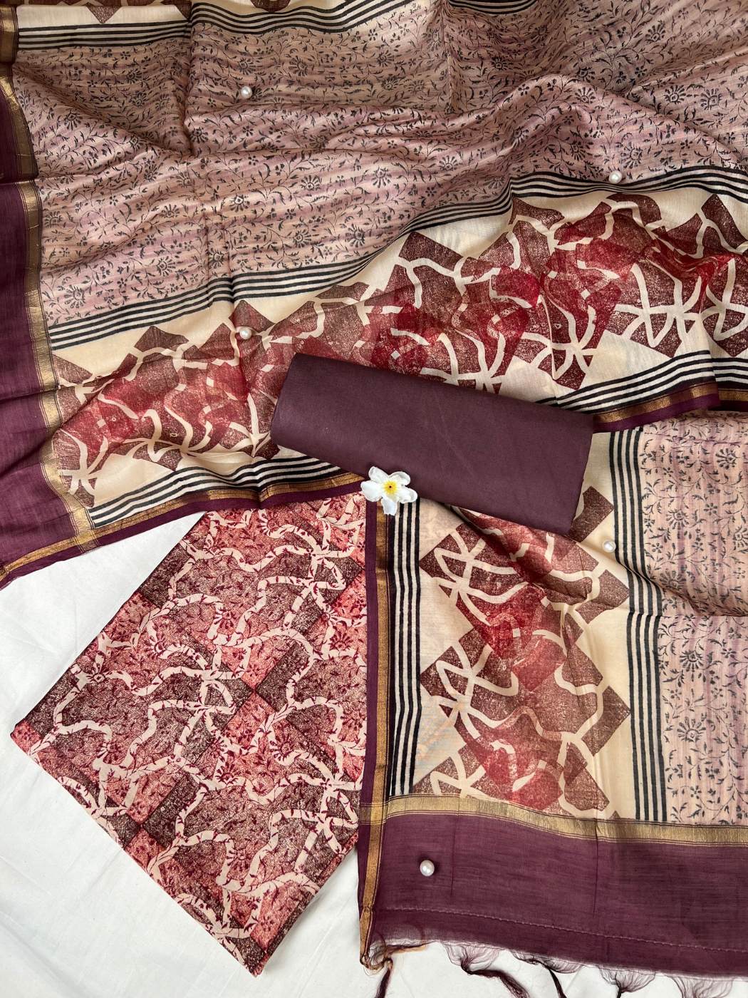 Rust Red Mul Chanderi Suit with floral and abstract hand block front view 