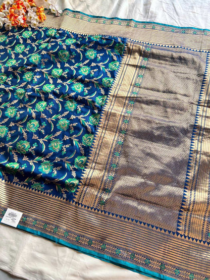 Peacock blue Katan silk Banarasi saree with rich handwoven traditional design
