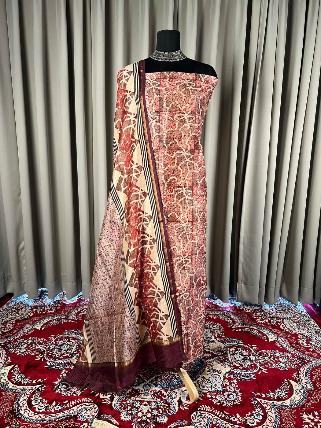  Rust Red Mul Chanderi Suit with floral and abstract hand block full view