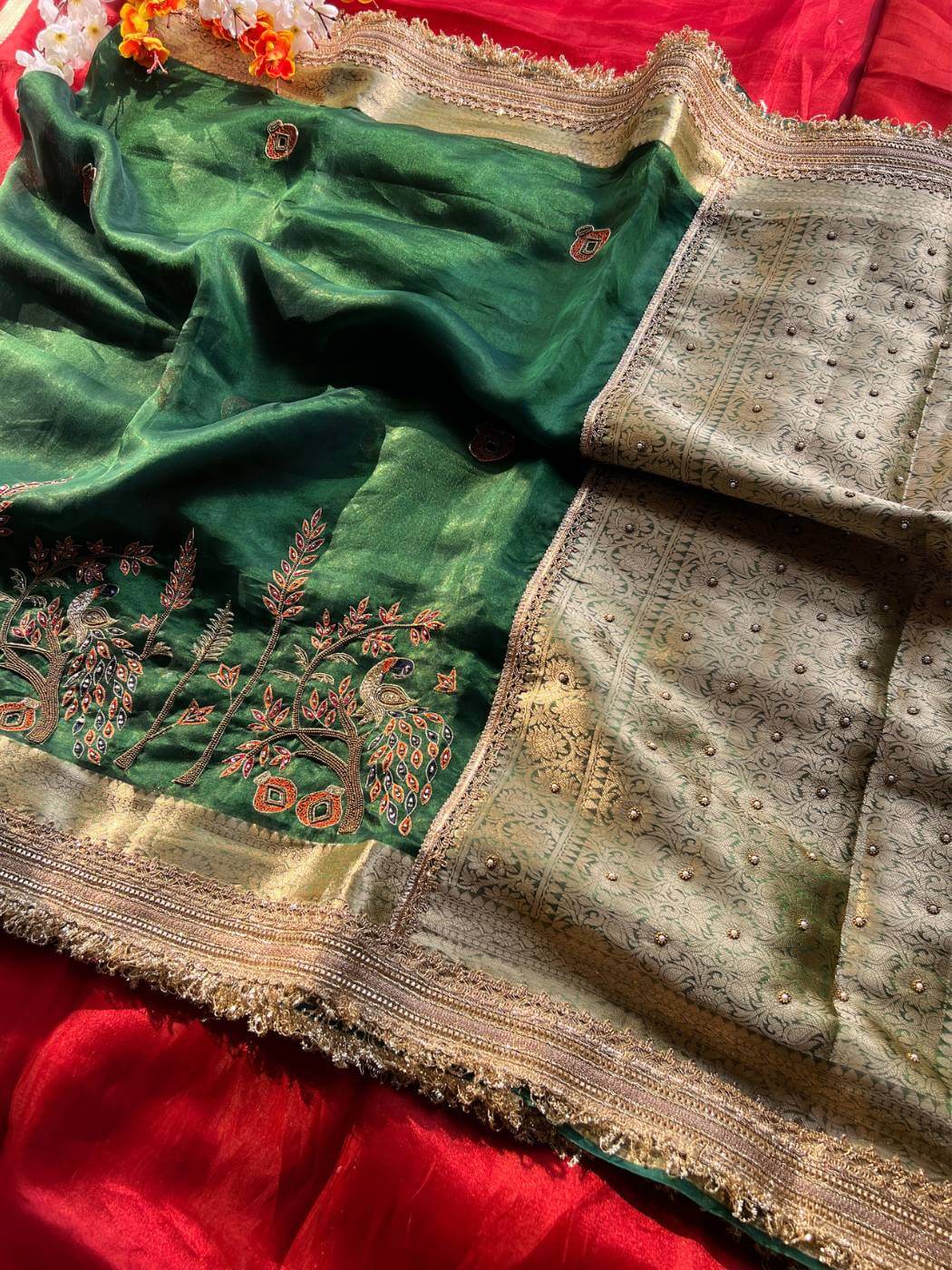 Emerald Green Tissue Silk Saree Shahi Mor with Peacock and delicate floral vines full view