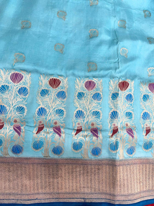  Blue Katan Silk Saree with floral shell closeup view