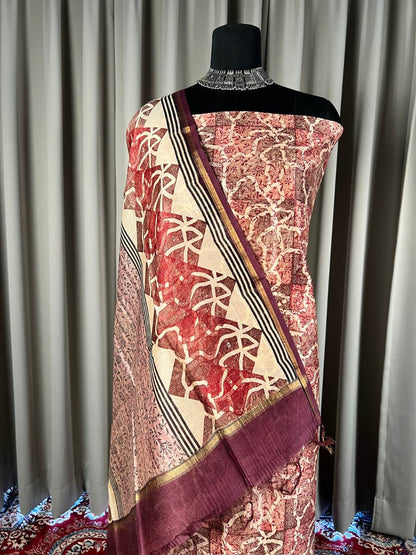  Rust Red Mul Chanderi Suit with floral and abstract hand block Closeup view 