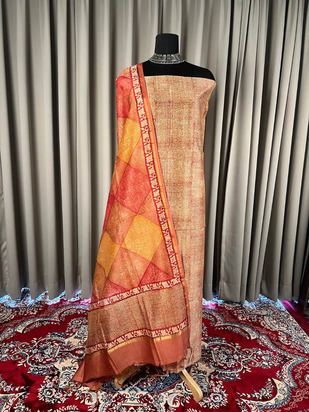 Orange Mul Chanderi Suit with floral and abstract hand block full view