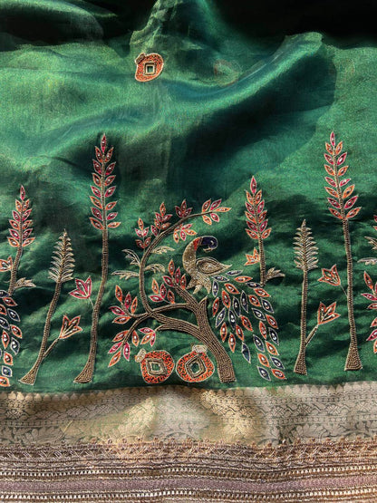 Emerald Green Tissue Silk Saree Shahi Mor with Peacock and delicate floral vines closeup view 01