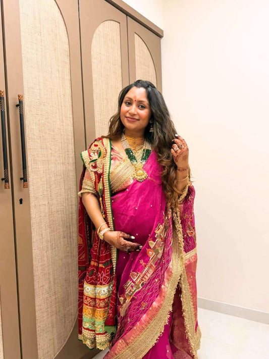 Hot pink Banarasi Ghat tissue silk saree