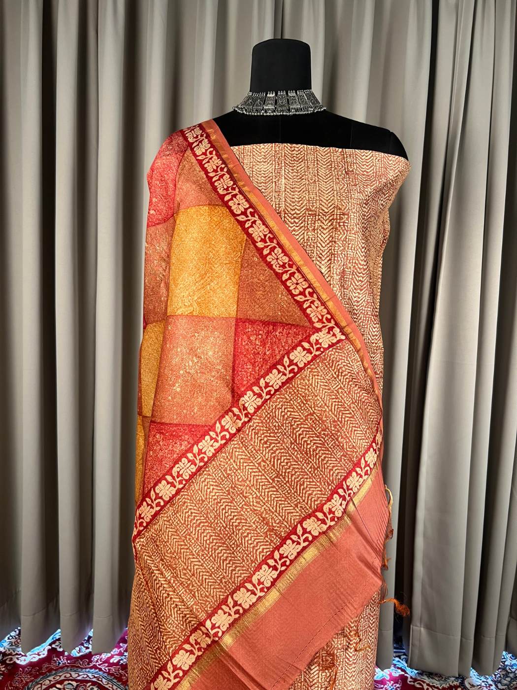 Orange Mul Chanderi  Suit with floral and abstract hand block Closeup view