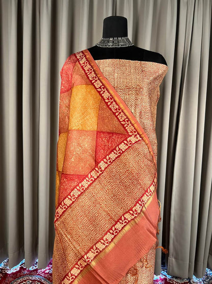 Orange Mul Chanderi  Suit with floral and abstract hand block Closeup view