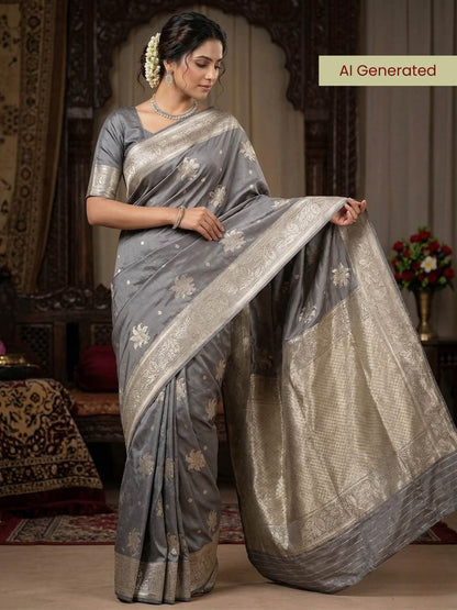 Grey Katan Silk Saree with floral and leaf model view