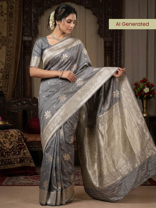 Grey Katan Silk Saree with floral and leaf model view