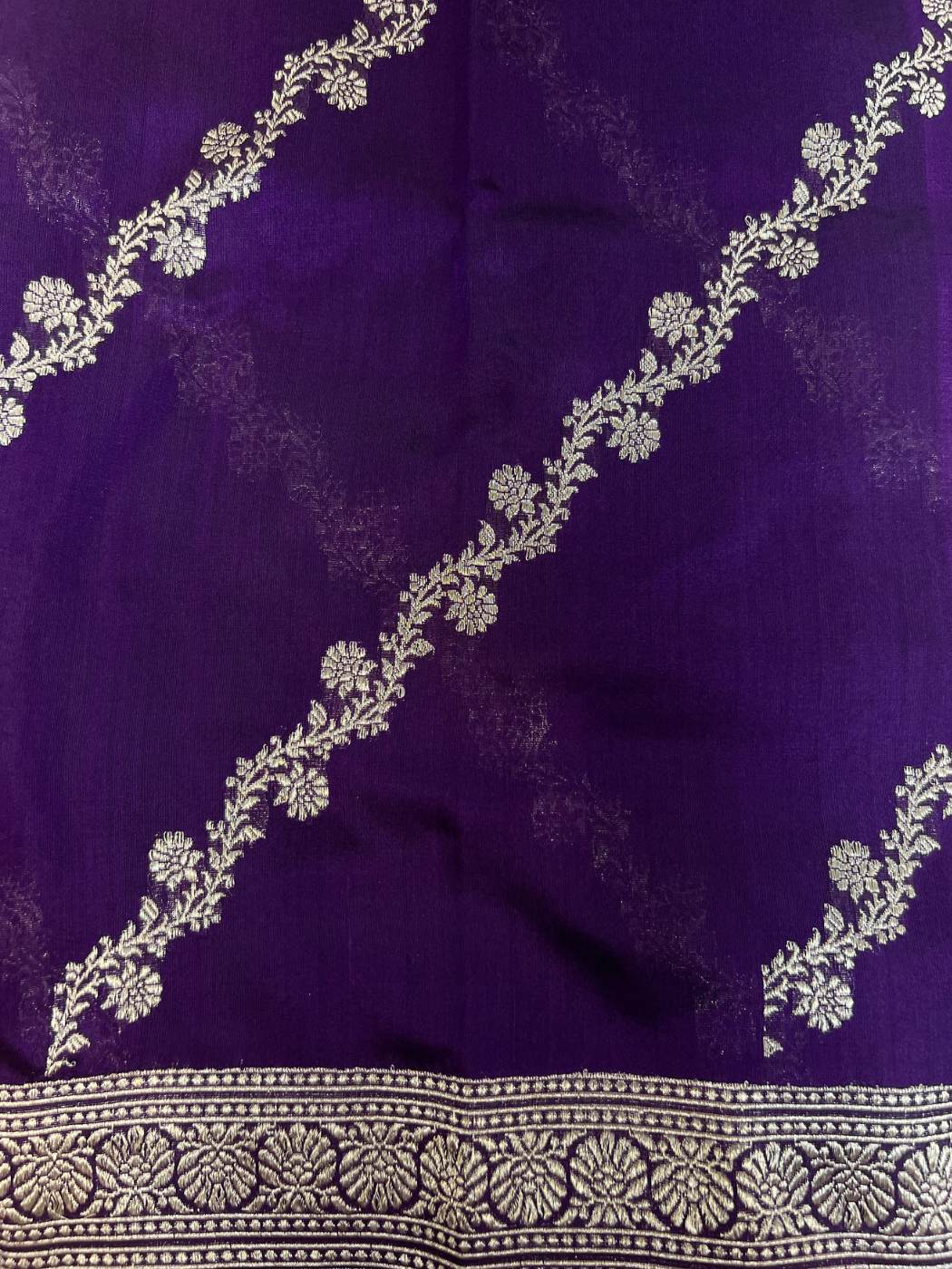 Dark Purple Katan Silk Saree with  floral vine closeup view