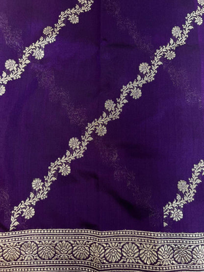 Dark Purple Katan Silk Saree with  floral vine closeup view