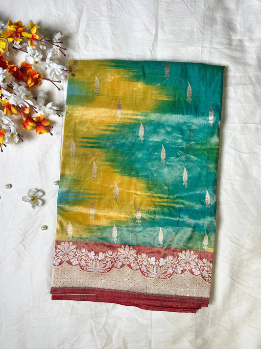 Multicolor Tissue Katan Silk Saree with zari butis and shimmering front view