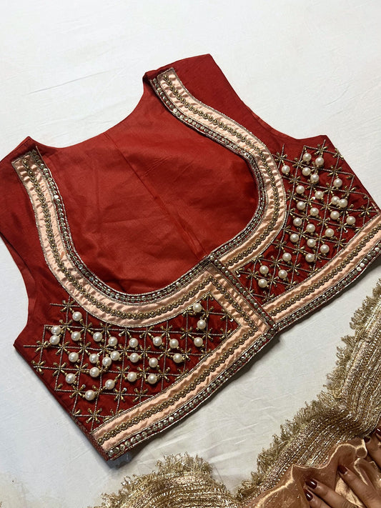 Red Banarasi silk Koti Rani Sa with hand-crafted portrait front view