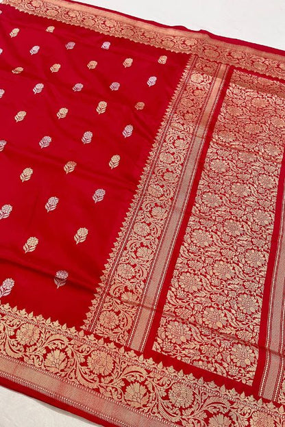 Handwoven Royal Red Katan Silk Saree by Mantavya with intricate Banarasi zari work