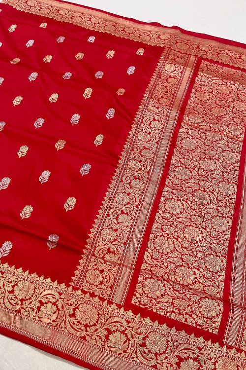 Handwoven Royal Red Katan Silk Saree by Mantavya with intricate Banarasi zari work