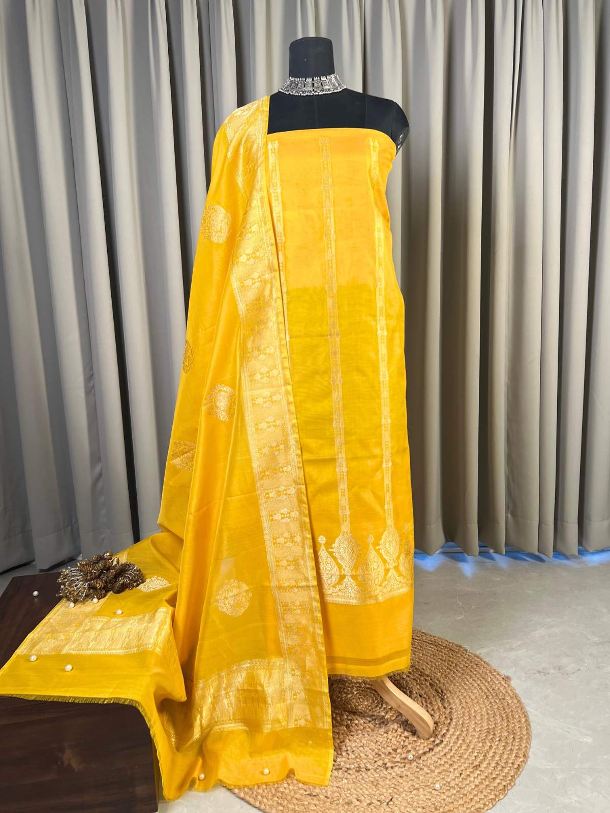 Yellow Cotton Silk Suit with Geometric floral zari full view