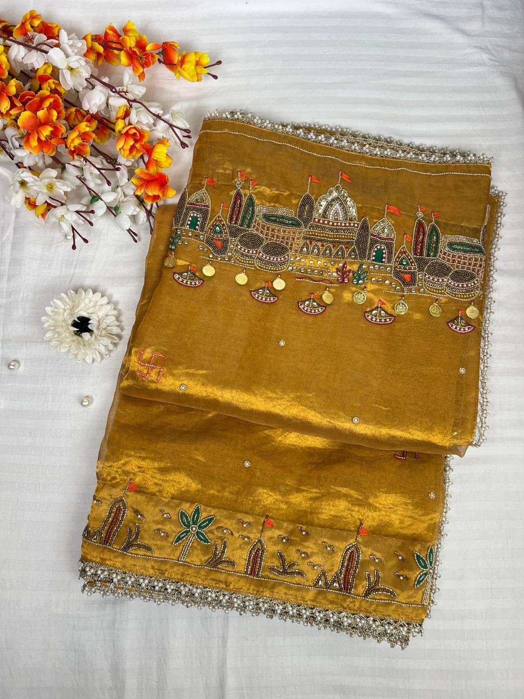  Biscuit Gold Tissue Silk Saree with Ganga Ghat Hand Embroidery front view 