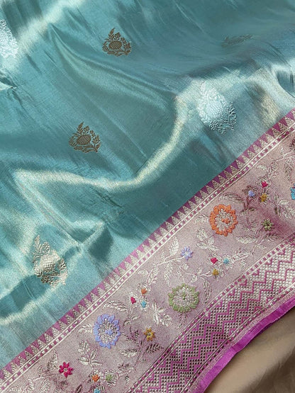 Aqua Blue Katan Silk Saree with floral closeup view 03