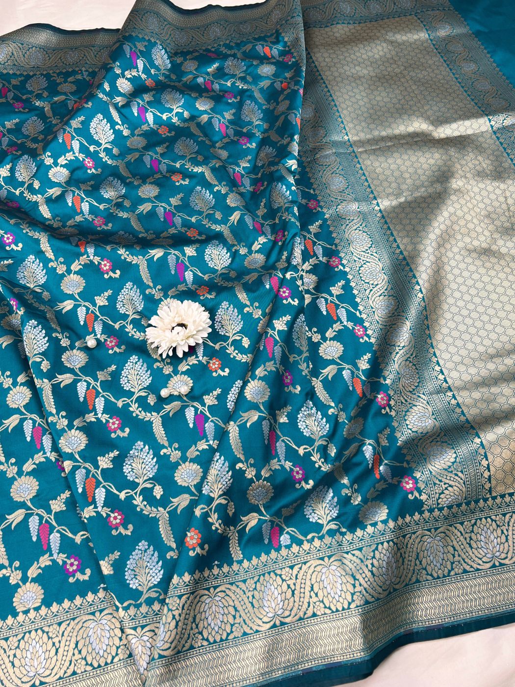  Deep Teal Blue Katan Silk Saree Closeup View 01