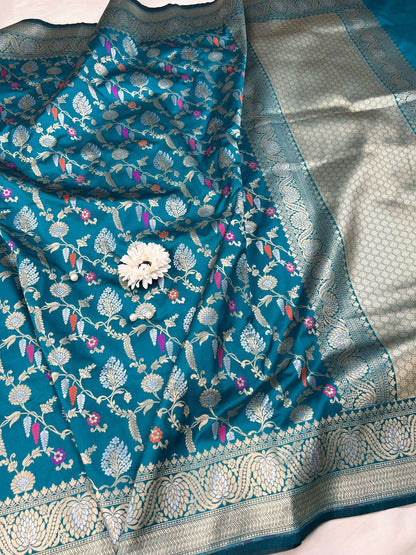  Deep Teal Blue Katan Silk Saree Closeup View 01