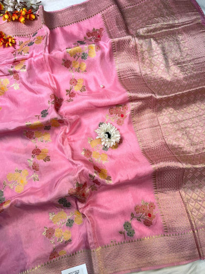 Pink Viscose Silk Saree Full view