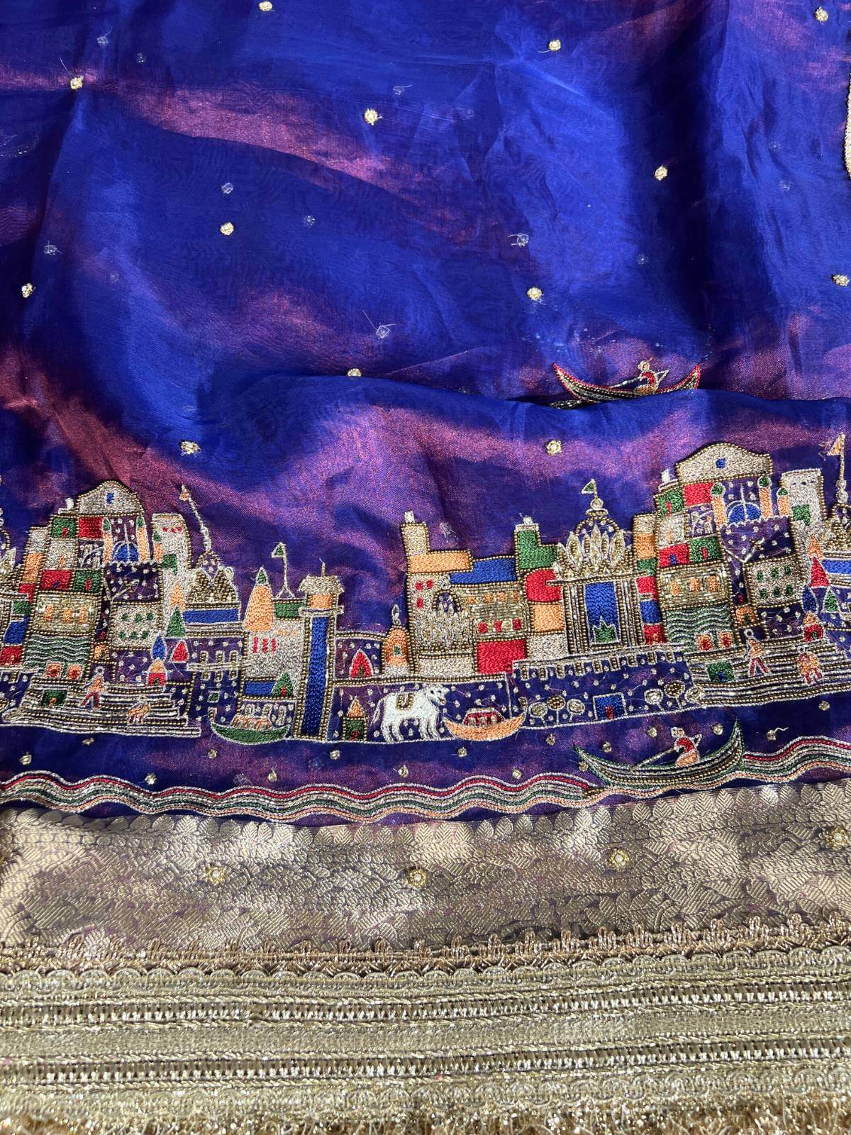 Royal Blue Tissue Silk Saree Meena Ghat with Hand Embroidered Banarasi Ghat closeup view