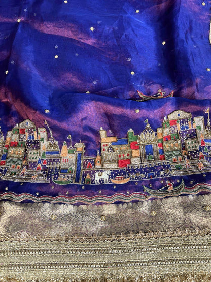 Royal Blue Tissue Silk Saree Meena Ghat with Hand Embroidered Banarasi Ghat closeup view