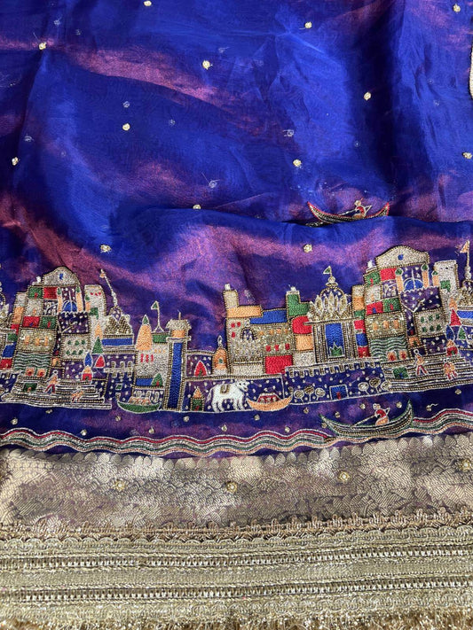 Royal Blue Tissue Silk Saree Meena Ghat with Hand Embroidered Banarasi Ghat closeup view