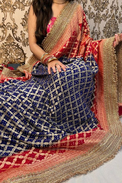 Red-Blue Khaddi Georgette Banarasi Bandhej Saree